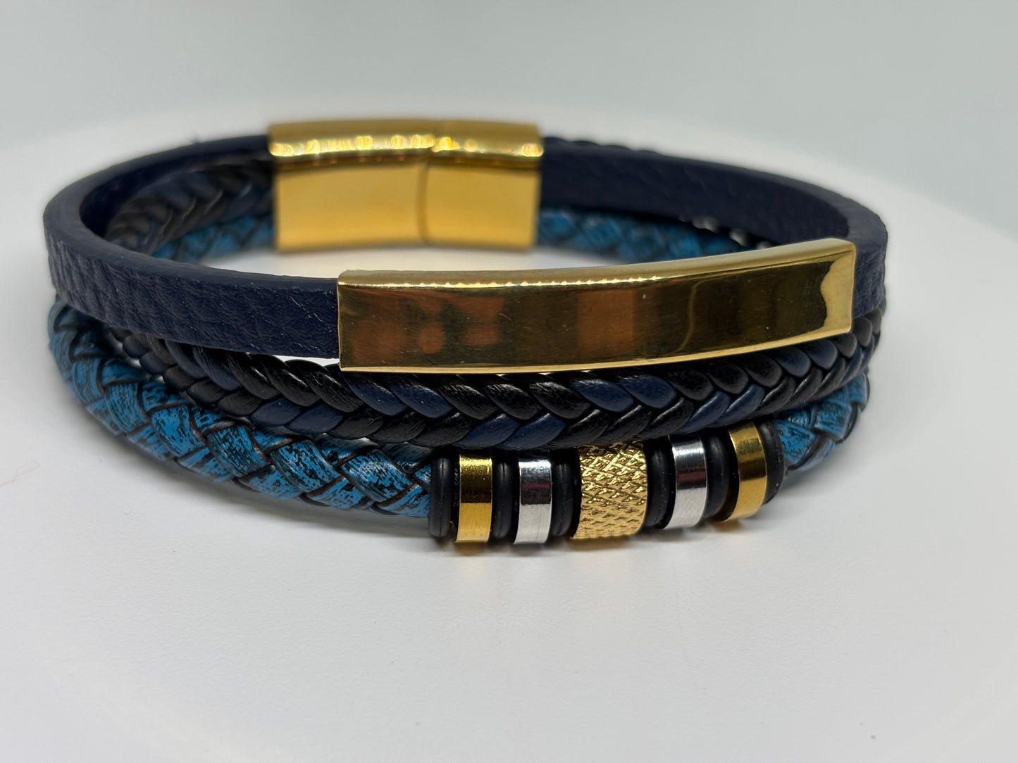 NEW ITEM- Men's Black, Blue and Gold Faux Leather | Rope Bracelet | Boho | Bohemian | Stylish | Fancy | Trendy | House Of Jax