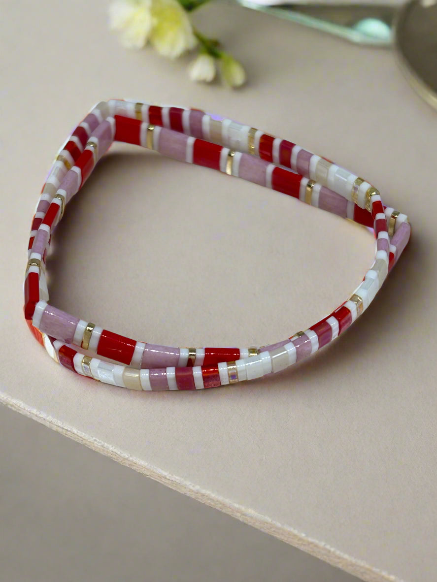 Miyuki Tila Bead Stretch Bracelets | Pink & White Boho Chic | Flat Pearl Bohemian | Gift For Her | Little Treats| House Of Jax | price is both