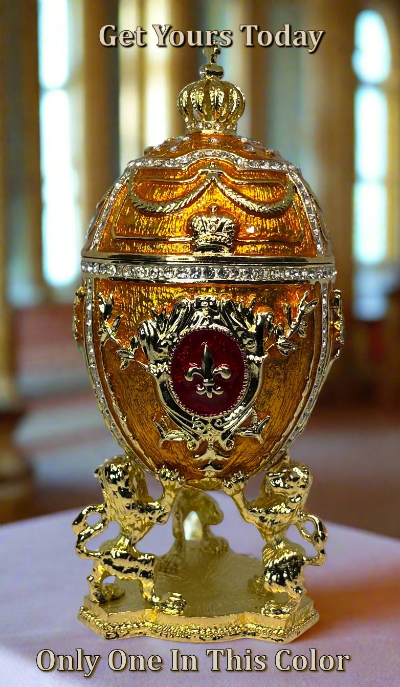Decorative gold egg with intricate designs on a table in the tsar's palace